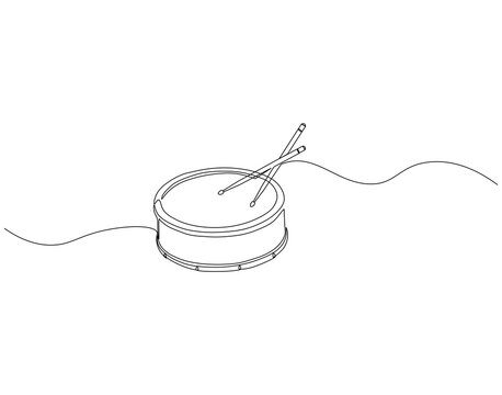 recommend clip art: Continuous line drawing of drum and sticks. Single line illustration of drum and sticks. National drumming day concept. Editable outline