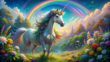 Fototapeta premium Vibrant, whimsical illustration of a majestic unicorn with shimmering rainbow mane, surrounded by lush greenery, flowers, and soft, puffy clouds in a dreamy atmosphere.