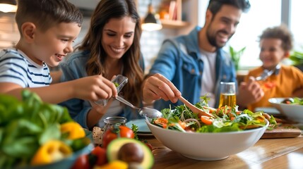 Family eating large bowl of salad together : Generative AI