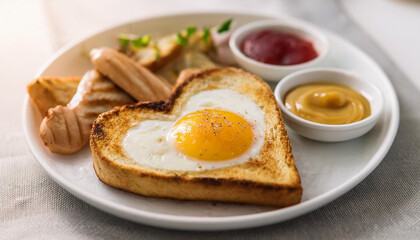 Tasty heart-shaped grilled toast with fried egg. Healthy breakfast. Delicious food. Cooking concept.