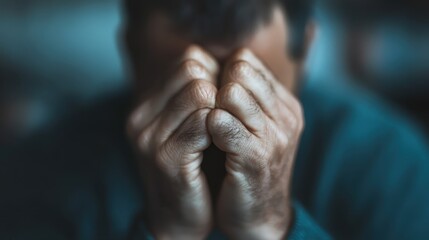 Fototapeta premium This close-up image shows a man holding his hands tightly clasped in front of his face, depicting a moment of deep distress, anxiety, or contemplation. The background is softly blurred.