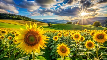 Obraz premium Vibrant yellow sunflowers stretch towards the sky, swaying gently in the breeze, amidst a lush green field with rolling hills under a warm summer sun.