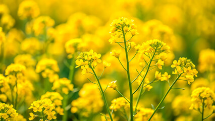 Obraz premium Yellow rapeseed field in the field and picturesque sky with white clouds. Blooming yellow canola flower meadows. Rapeseed crop in Ukraine.