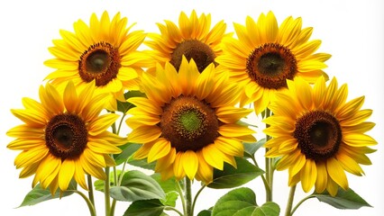 Obraz premium Vibrant yellow sunflowers with dark centers and bright green leaves stand upright against a pure white background, focusing attention on their statuesque beauty.