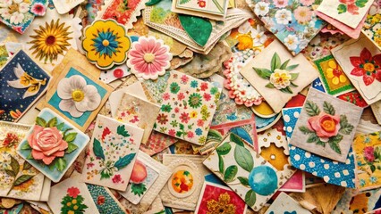Obraz premium Vintage paper scraps covered in faded, peeling, and worn stickers featuring colorful shapes, patterns, and designs, evoking nostalgia and memories of forgotten childhood treasures.