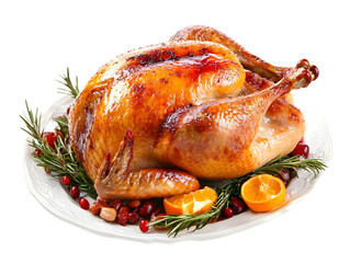 A perfectly roasted whole turkey, golden and crispy, garnished with fresh rosemary, citrus fruits, and cranberries, presented on a white platter, ready for a festive meal