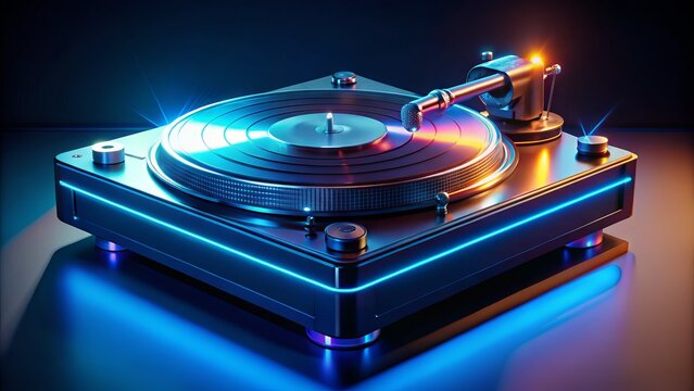 Vintage-style 3D illustration of a sleek, retro record player with glowing blue lights and spinning vinyl, set against a dark, gradient background.