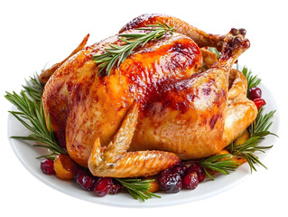 A perfectly roasted whole turkey, golden and crispy, garnished with fresh rosemary, citrus fruits, and cranberries, presented on a white platter, ready for a festive meal