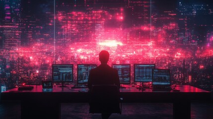 A person sits in front of multiple screens showing vibrant holographic financial data, illuminated by city lights in a high-tech environment.