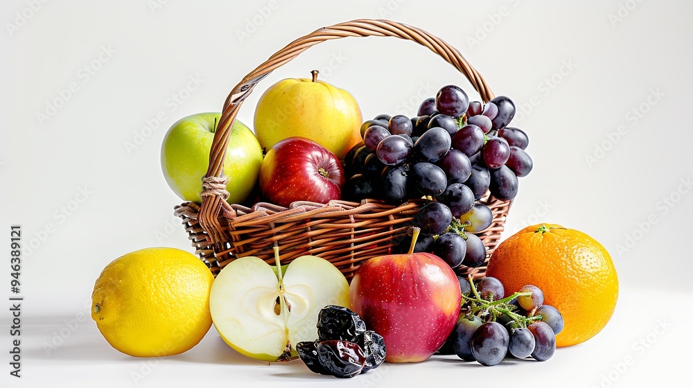 Poster packshot of a fruit basket containing three types of apple : generative ai