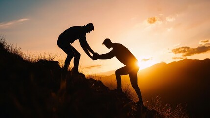 Dynamic shot of a leader helping another up, with focus on the connection and trust between them, symbolizing supportive leadership