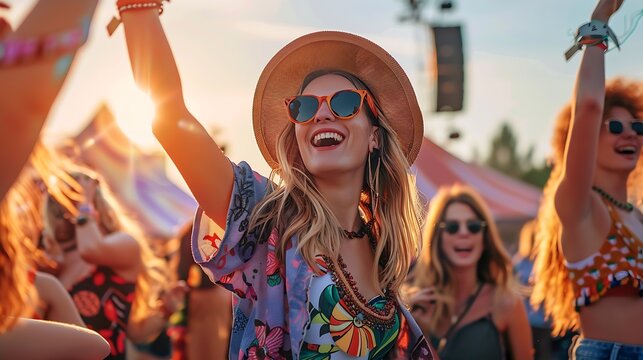 Young woman enjoys summer music fest : Generative AI
