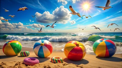 Warm sunny day at the beach, colorful inflatables and beach balls scattered around, seagulls flying overhead, and gentle waves rolling in against the shoreline.