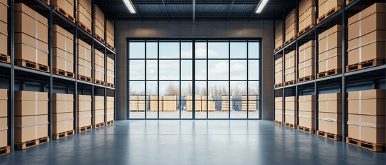 A warehouse office area with large glass windows overlooking the bustling storage and distribution area below Refrigerated Goods Management concept.