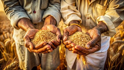 Weathered hands of rural Indian agricultural workers, wrinkled and worn from years of toil, grasp handfuls of freshly harvested golden wheat grains in a dusty field.