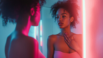 A woman standing in front of a mirror, one hand on her chest, looking determined as she examines herself, with a soft pink glow reflecting off the mirror