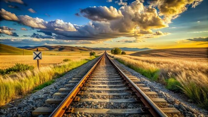 Obraz premium Weathered railroad tracks converge at a rural crossing, faded warning signs standing sentinel against a backdrop of vast, open skies and rolling hills of golden wheat.