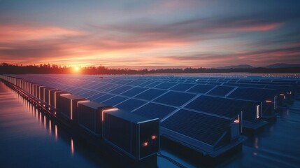 Massive solar battery storage unit demonstrating its renewable energy capacity, integrated into a commercial setup close up, industrial power, futuristic, Silhouette, urban rooftop
