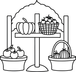Small stand with baskets of apples and pumpkins perfect for a Thanksgiving coloring book for kids
