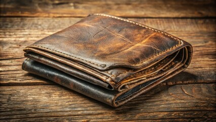 Weathered, wrinkled, and worn, a vintage leather wallet displays a rich tapestry of creases and textures, evoking a sense of aged elegance and timeless utility.