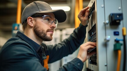 Technician configuring an inverter for solar battery storage, ensuring seamless renewable energy conversion selective focus, system tuning, futuristic, Overlay, tech lab