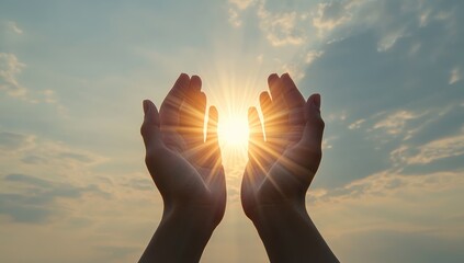 Hands Reaching Skyward Embracing Sunlight, Hope and Inspiration in Radiant Sky, Beautiful Day with Space for Text