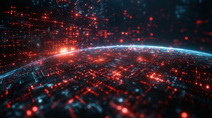 A striking holographic globe displays luminous data patterns over a dark, digital landscape, highlighting global connectivity and technology.