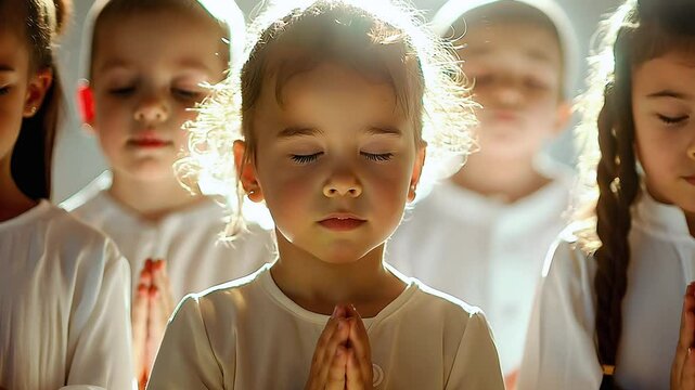 A group of children with closed eyes are praying together in a serene atmosphere, their faces glowing softly in the warm light