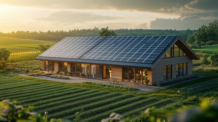 Solar battery storage providing renewable energy for an offgrid farm, ensuring selfsufficiency focus on, sustainable agriculture, futuristic, Overlay, rural farmland