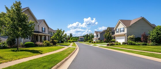 A serene suburban street lined with charming homes and lush green lawns under a clear blue sky. suburban development concept.