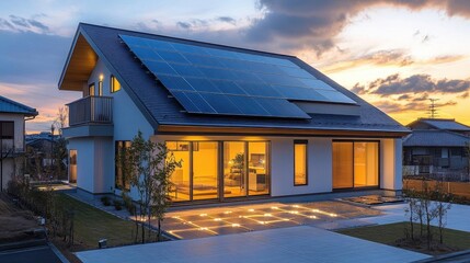 Home solar battery storage charging during daylight hours, storing renewable energy for evening use focus on, daytonight transition, dynamic, Fusion, residential area