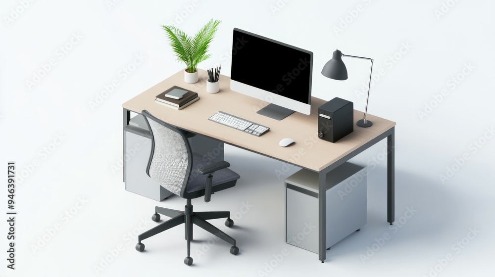 Poster modern minimalist desk setup with a plant and a desk lamp