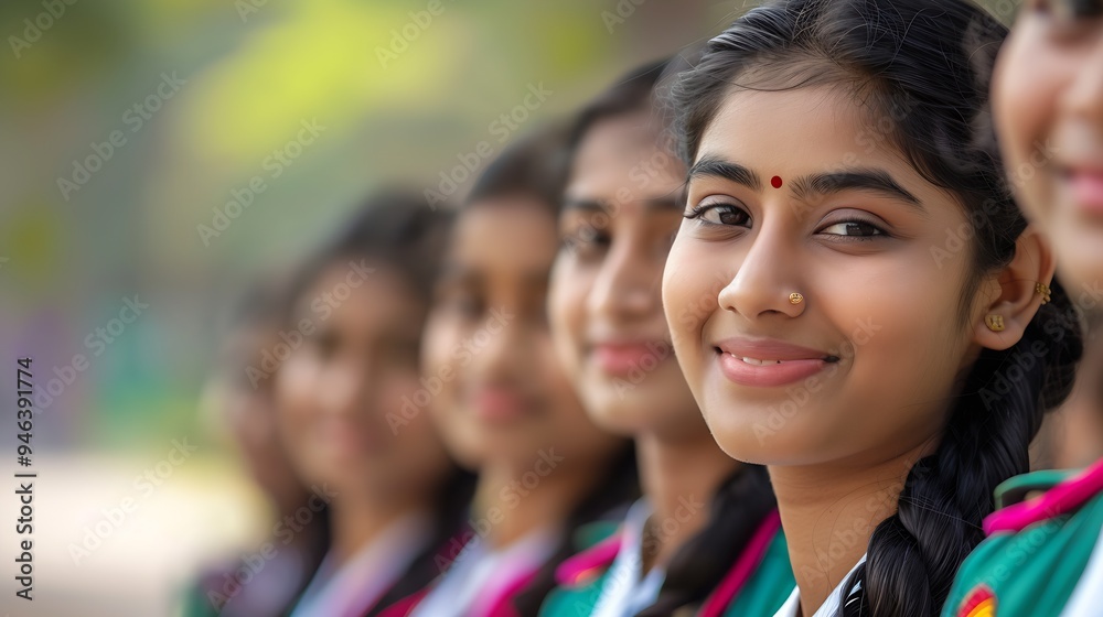 Wall mural group of indian women dressed in a uniform : generative ai