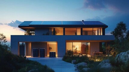 Highcapacity solar battery storage system charging with renewable energy, ready to power an entire home close up, energy readiness, realistic, Silhouette, modern home