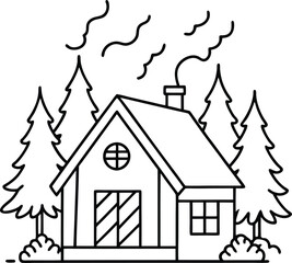 Charming cabin with smoke rising from the chimney easy and fun coloring for kids
