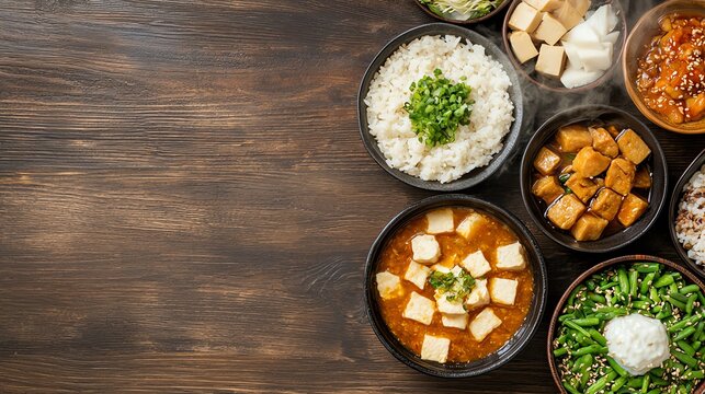 A wooden table set with various probioticrich foods, such as tempeh, miso soup, and natto, with steam rising from the dishes Probiotic-rich diet concept.
