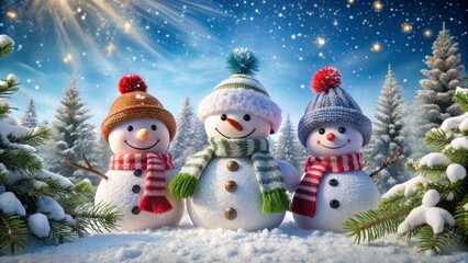 Fototapeta premium Winter wonderland scene featuring a trio of snowmen adorned with festive scarves and hats, surrounded by snowflakes and evergreen boughs under a serene blue sky.