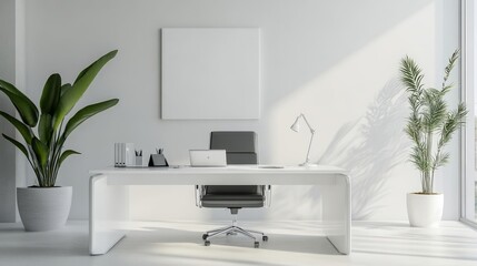 Fototapeta premium A white office with a desk and a potted plant