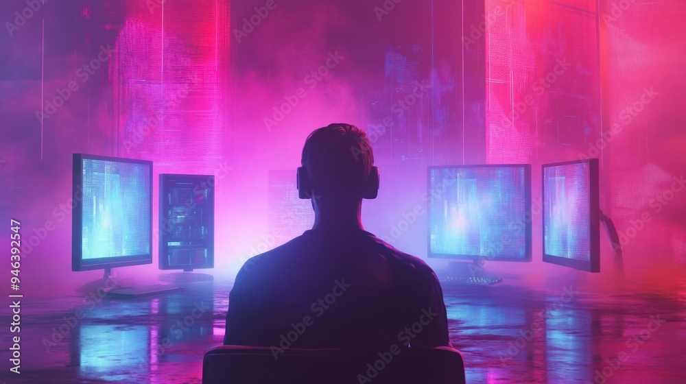 Poster silhouette of a gamer in a neon lit room with multiple monitors
