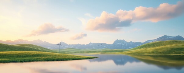 Obraz premium Futuristic landscape with renewable energy sources and storage systems, symbolizing comprehensive electricity solutions for a climateaffected world