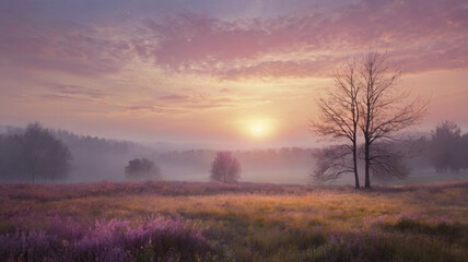 Obraz premium A serene landscape painting depicting a tranquil lake at sunset, with a lone tree silhouetted against a fiery sky and purple wildflowers blooming along the shore..