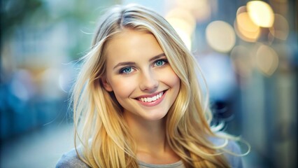 Young blonde Caucasian female looks directly at the camera with a bright smile, conveying confidence and innocence, set against a soft, blurred background.