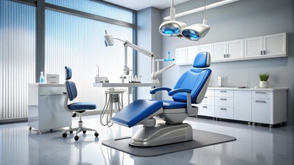A 3D illustration of a dentist chair with a shiny tooth icon hovering above, surrounded by dental tools and equipment in a modern white background.