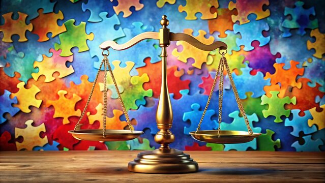 A balanced scale hovering above a diverse group of interconnected puzzle pieces, symbolizing harmony, justice, and unity in a vibrant, modern, and abstract composition.