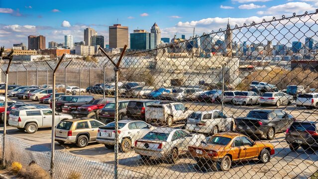 Abandoned and towed vehicles line a crowded impound lot, surrounded by chain-link fencing and barbed wire, with city buildings visible in the background.