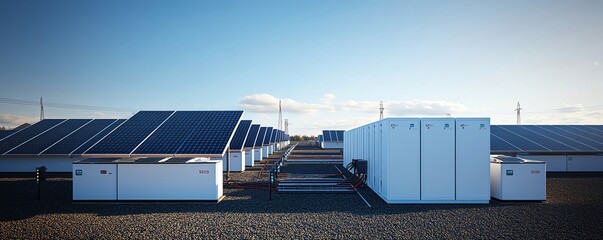 Solar panels charging largescale battery storage units under a clear sky, symbolizing sustainable electricity storage for climate resilience