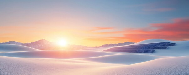 Fototapeta premium Solar panels in a snowy landscape with storage units, representing electricity solutions for diverse climate conditions