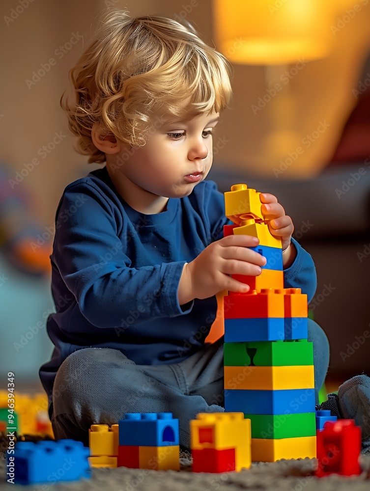 Poster kid building a tall tower of toy bricks looking focused : generative ai