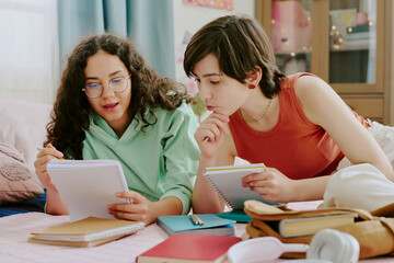 Two young women studying together on bed, both focused on their notebooks and gadgets, appearing engaged with their work. Room is equipped with various study materials and soft furnishings