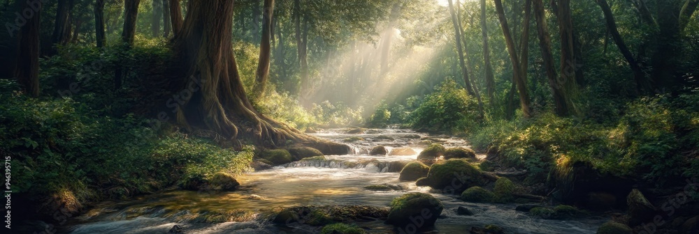 Wall mural A peaceful forest scene capturing the essence of nature with sunlit rays, a gentle stream, lush greenery, vibrant flora, and tranquil ambiance.